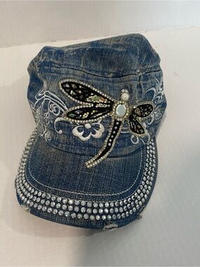Y2K Cadet Hay/cap Rhinestones & Dragonfly denim, distressed Scrollwork One Size
